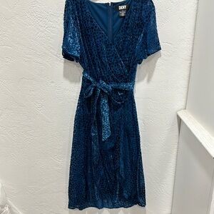 Dkny Blue Wrap Flutter Sleeve Knee-Length Dress